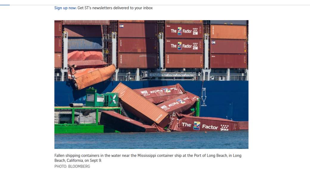 Shipping containers tumble overboard off the Mississippi vessel in Port of Long Beach, one of the busiest ports in US